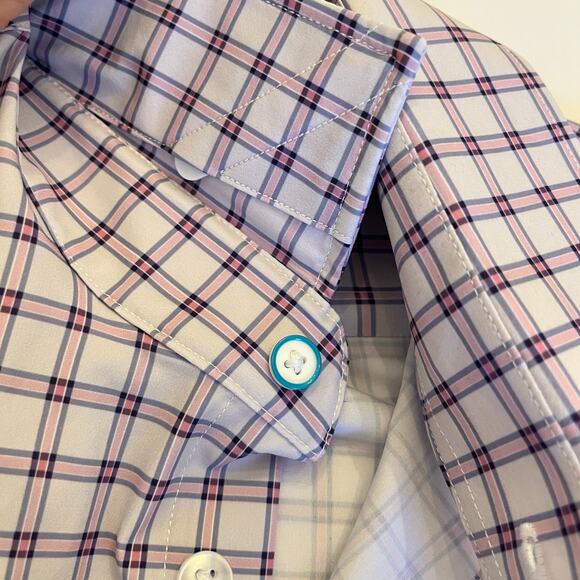 &Collar Button Up Mens Large Range Shirt Slim Plaid Purple White Long Sleeve NEW - Picture 10 of 12